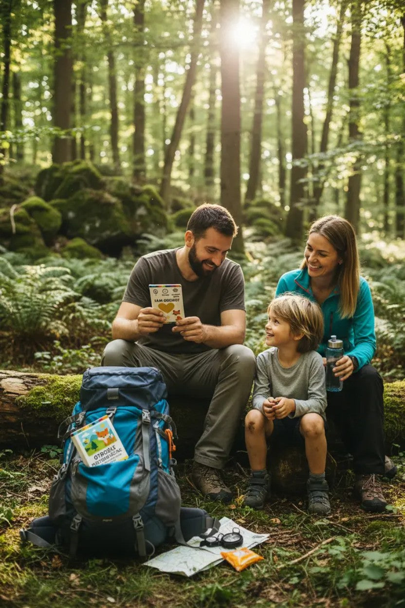 Družina na izletu v naravi uporablja kartice Otroške pustolovščine