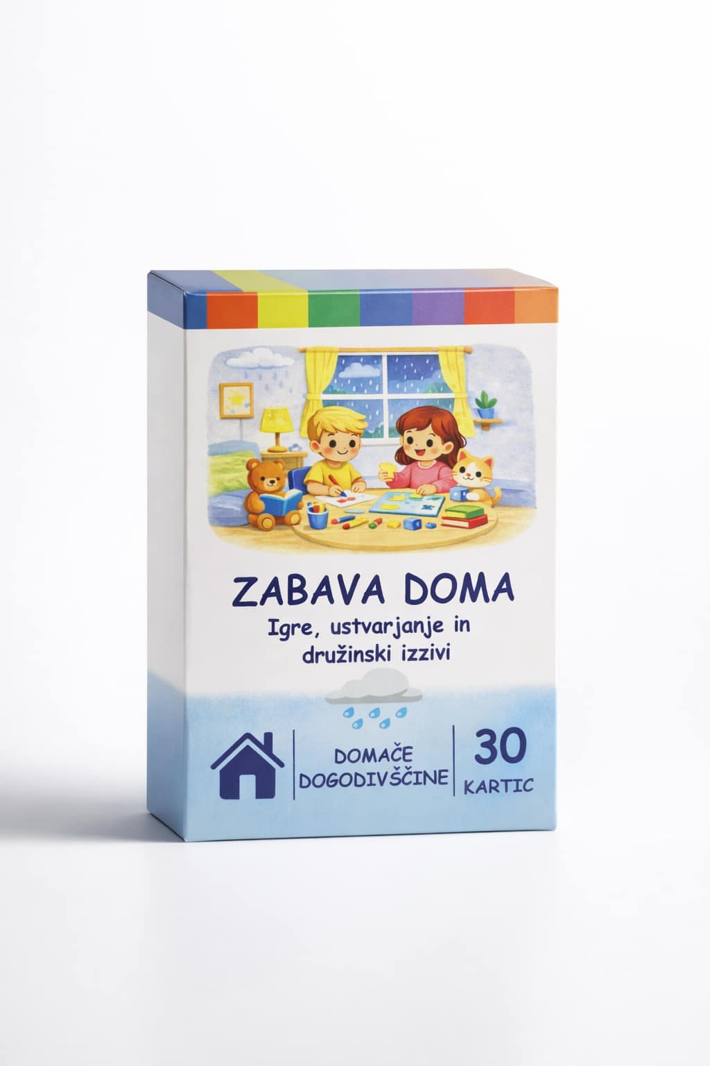Škatlica Zabava doma z idejami za kreativne igre za otroke in družinske izzive.